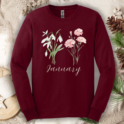 January Birth Month Flower Long Sleeve Tee - Snowdrop & Carnation
