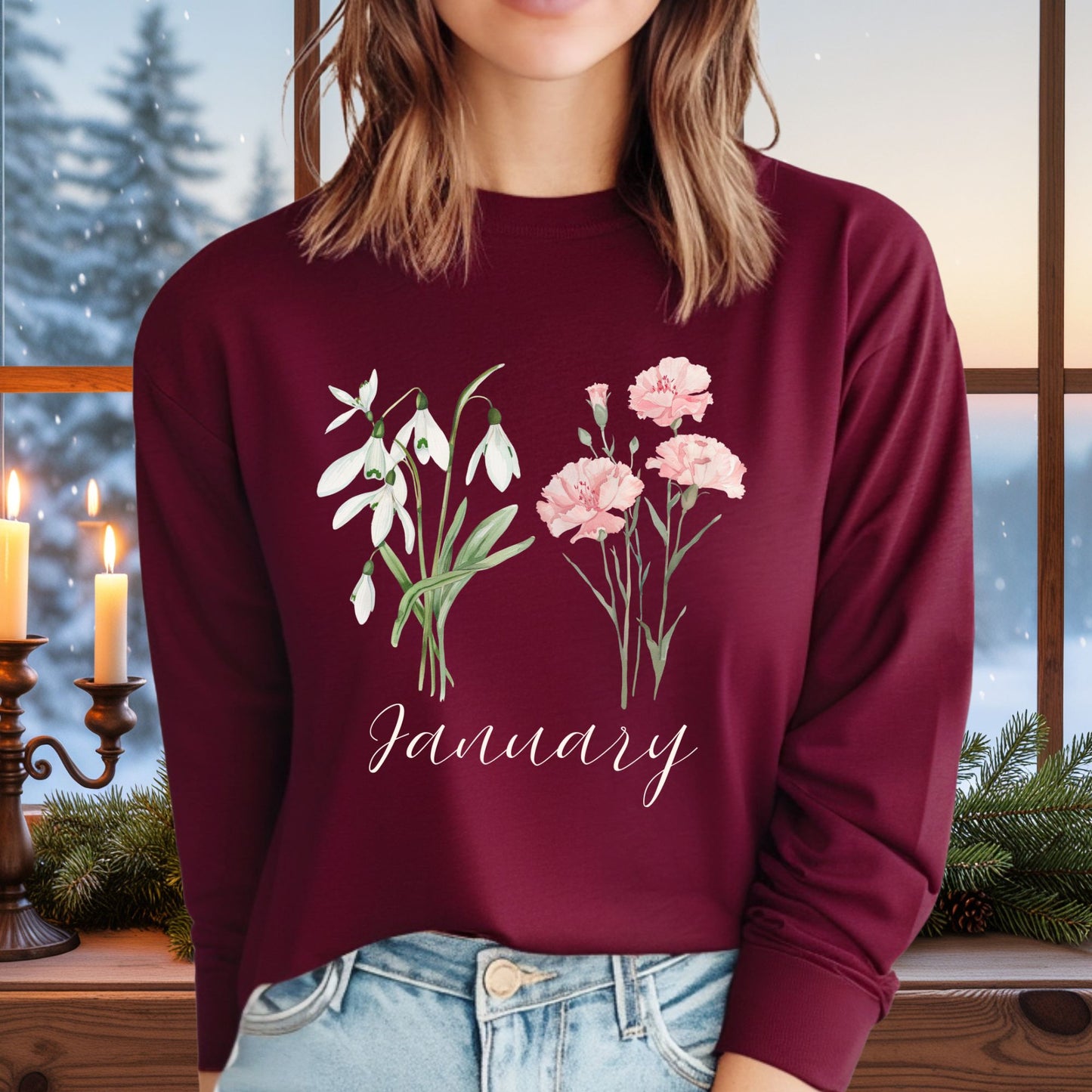 January Birth Month Flower Long Sleeve Tee - Snowdrop & Carnation