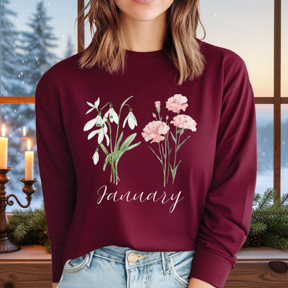 January Birth Month Flower Long Sleeve Tee - Snowdrop & Carnation