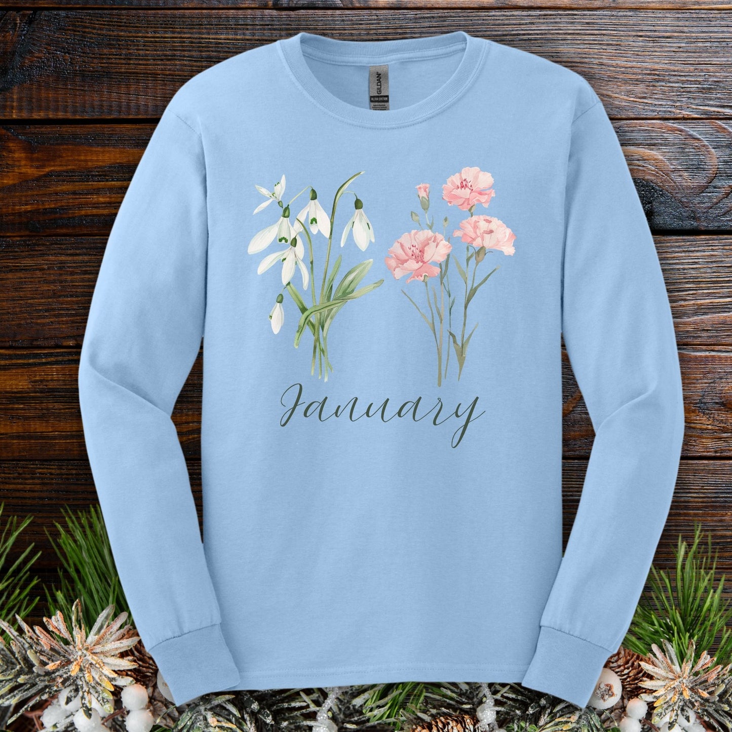 January Birth Month Flower Long Sleeve Tee - Snowdrop & Carnation