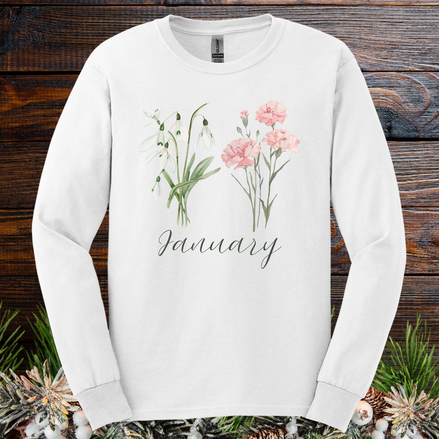 January Birth Month Flower Long Sleeve Tee - Snowdrop & Carnation
