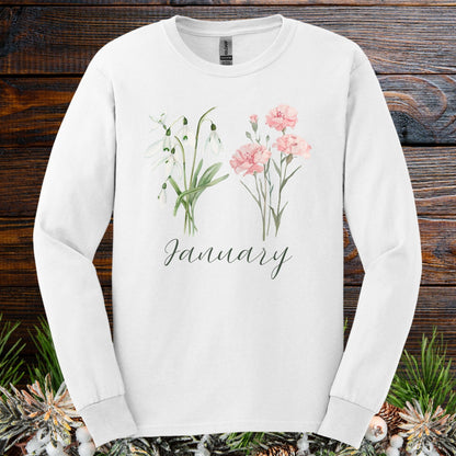 January Birth Month Flower Long Sleeve Tee - Snowdrop & Carnation