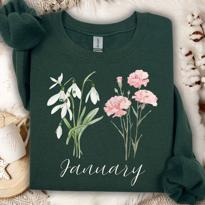 January Birth Month Flower Sweatshirt - Snowdrop & Carnation