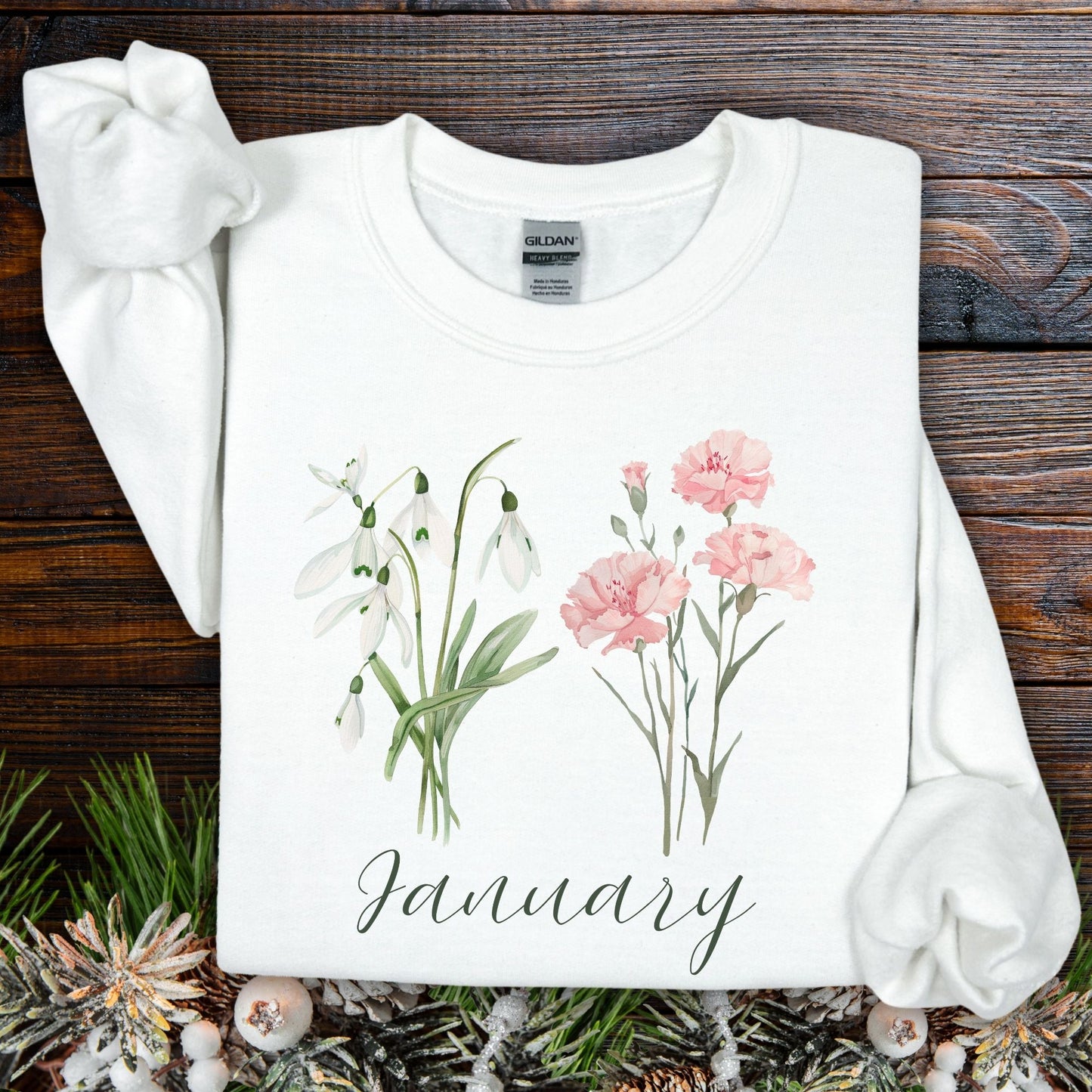 January Birth Month Flower Sweatshirt - Snowdrop & Carnation