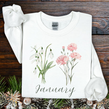 January Birth Month Flower Sweatshirt - Snowdrop & Carnation