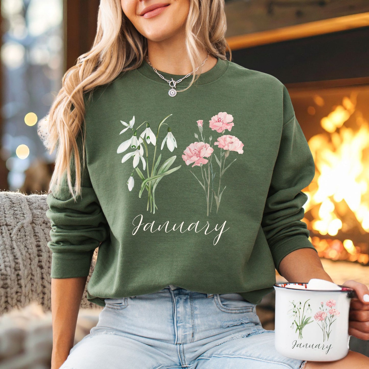 January Birth Month Flower Sweatshirt - Snowdrop & Carnation