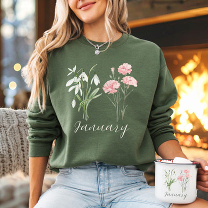 January Birth Month Flower Sweatshirt - Snowdrop & Carnation