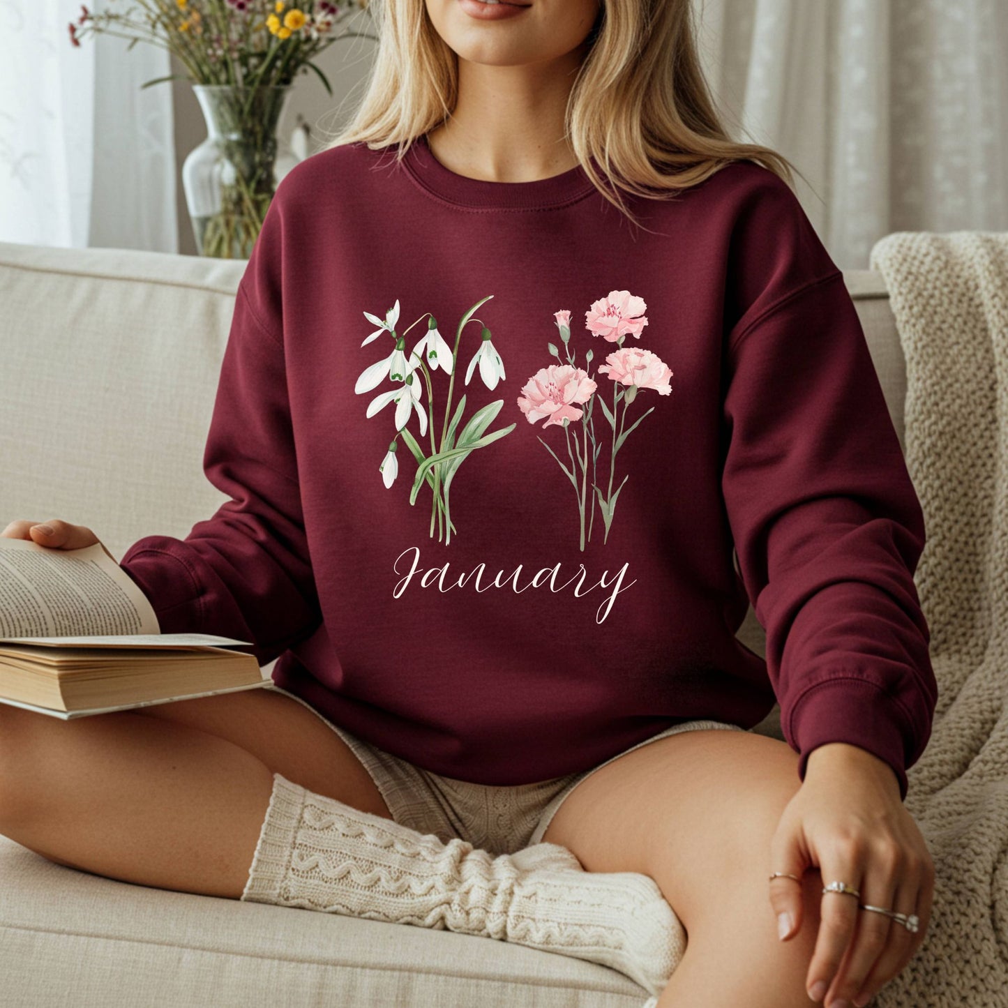 January Birth Month Flower Sweatshirt - Snowdrop & Carnation