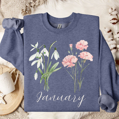 January Birth Month Flower Sweatshirt - Snowdrop & Carnation