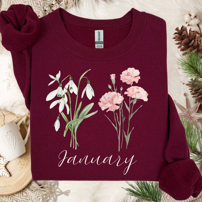 January Birth Month Flower Sweatshirt - Snowdrop & Carnation