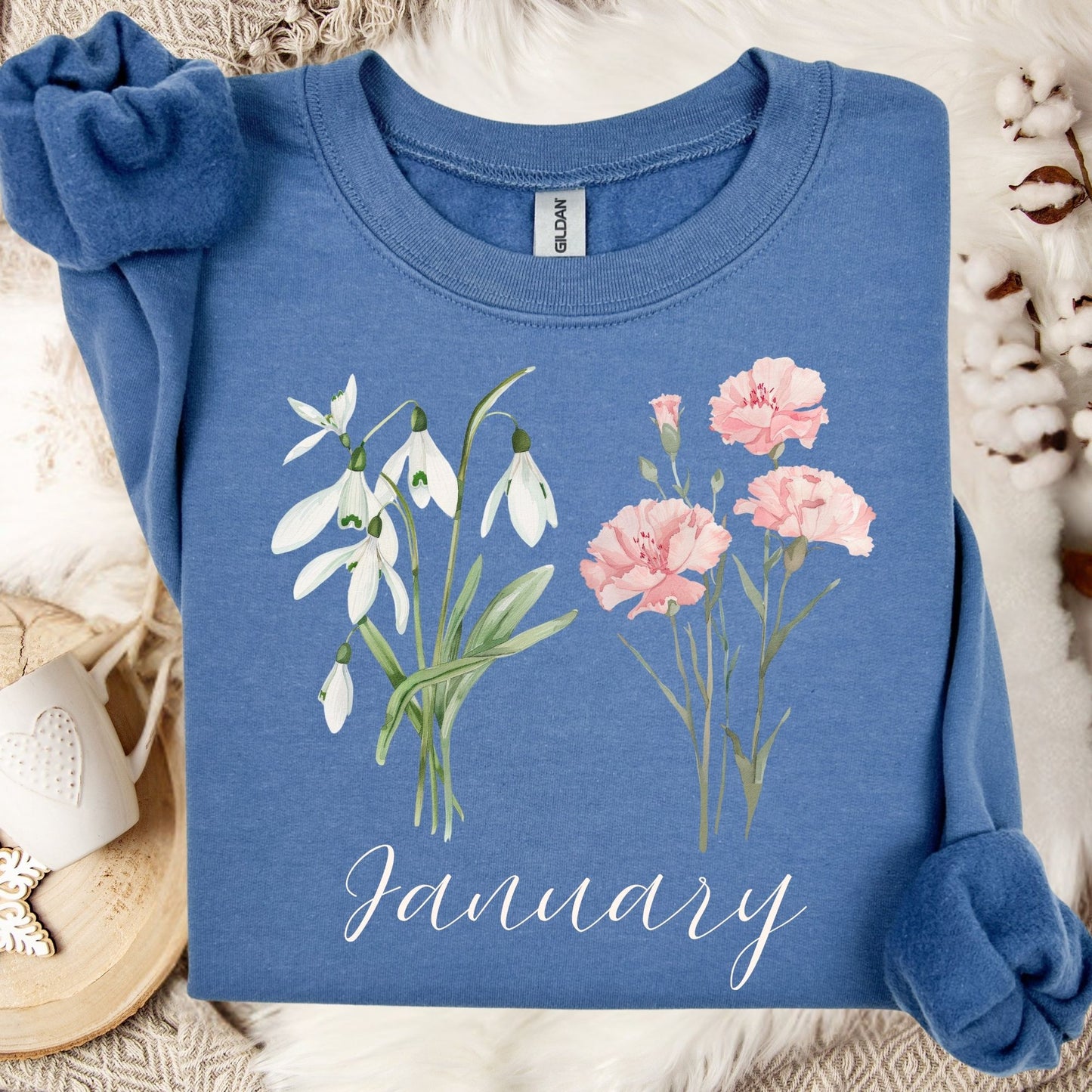 January Birth Month Flower Sweatshirt - Snowdrop & Carnation