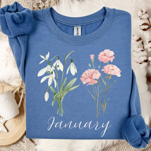 January Birth Month Flower Sweatshirt - Snowdrop & Carnation