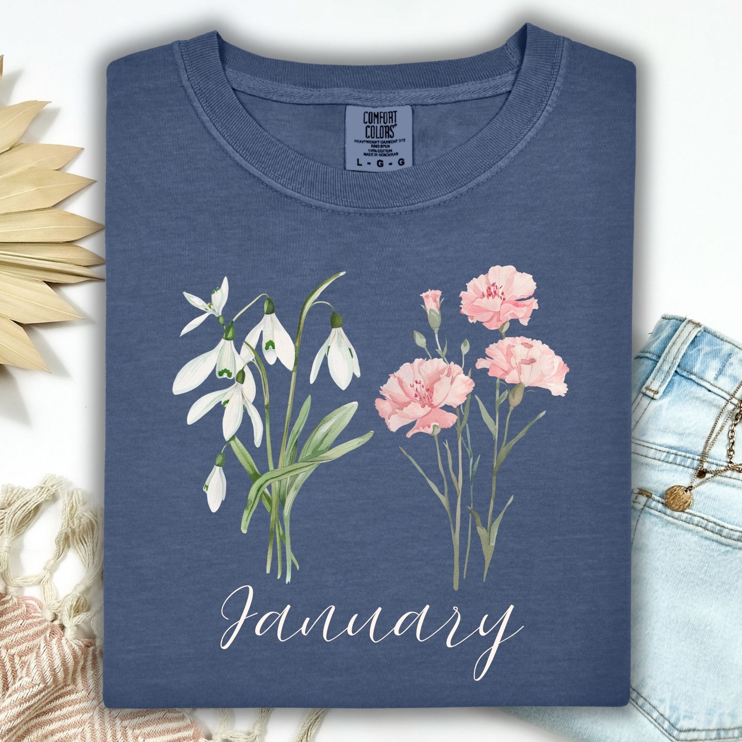January Birth Month Flower T-Shirt — Snowdrop & Carnation