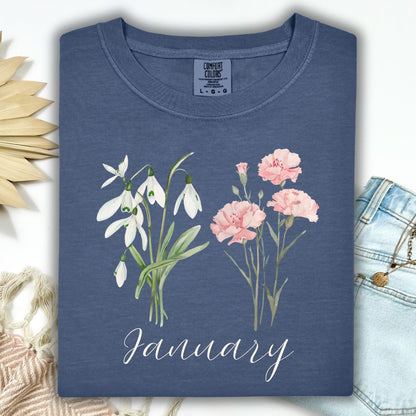 January Birth Month Flower T-Shirt — Snowdrop & Carnation