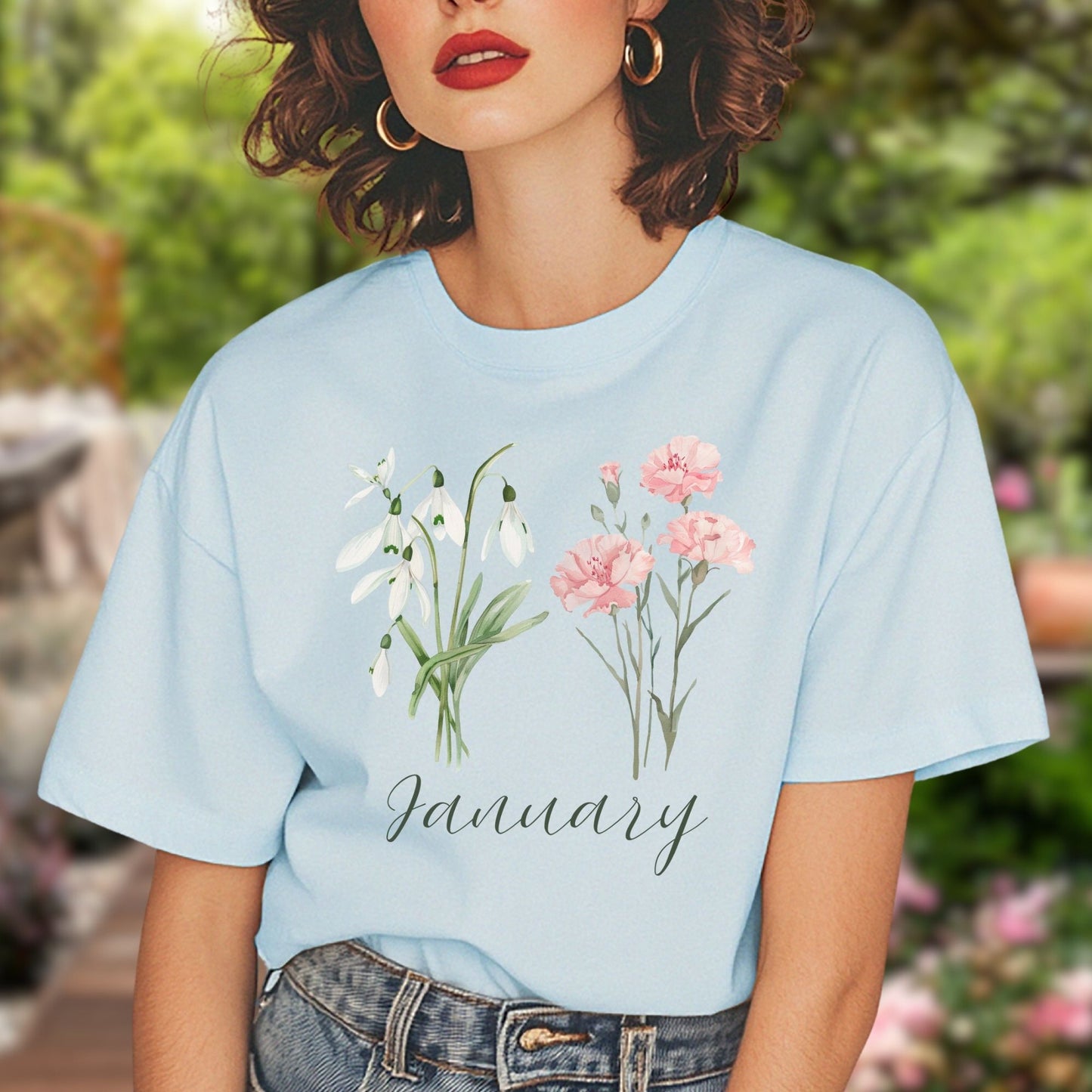 January Birth Month Flower T-Shirt — Snowdrop & Carnation
