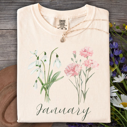 January Birth Month Flower T-Shirt — Snowdrop & Carnation