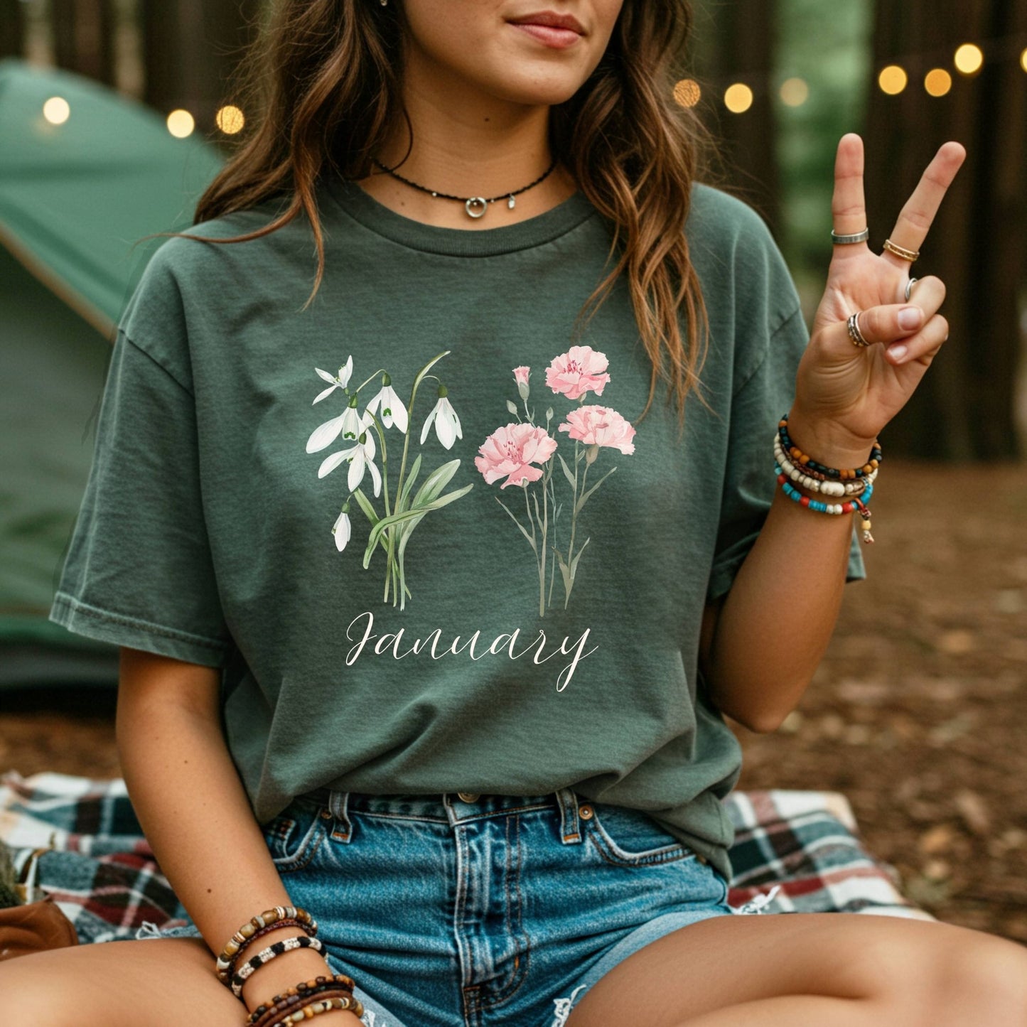January Birth Month Flower T-Shirt — Snowdrop & Carnation