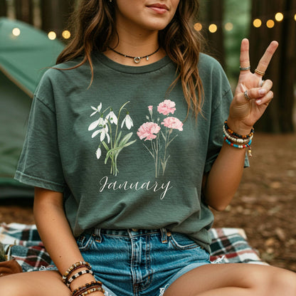 January Birth Month Flower T-Shirt — Snowdrop & Carnation