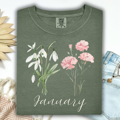 January Birth Month Flower T-Shirt — Snowdrop & Carnation