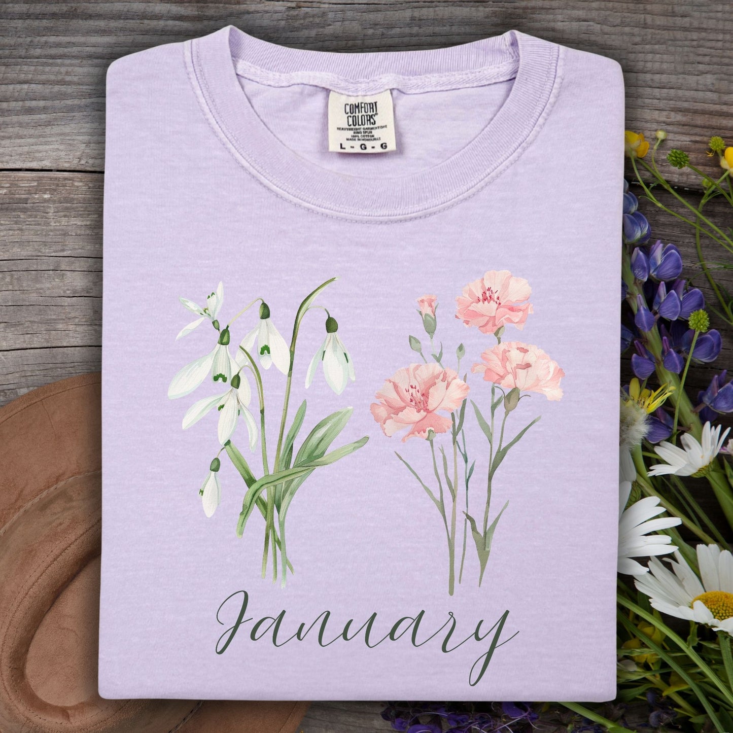 January Birth Month Flower T-Shirt — Snowdrop & Carnation