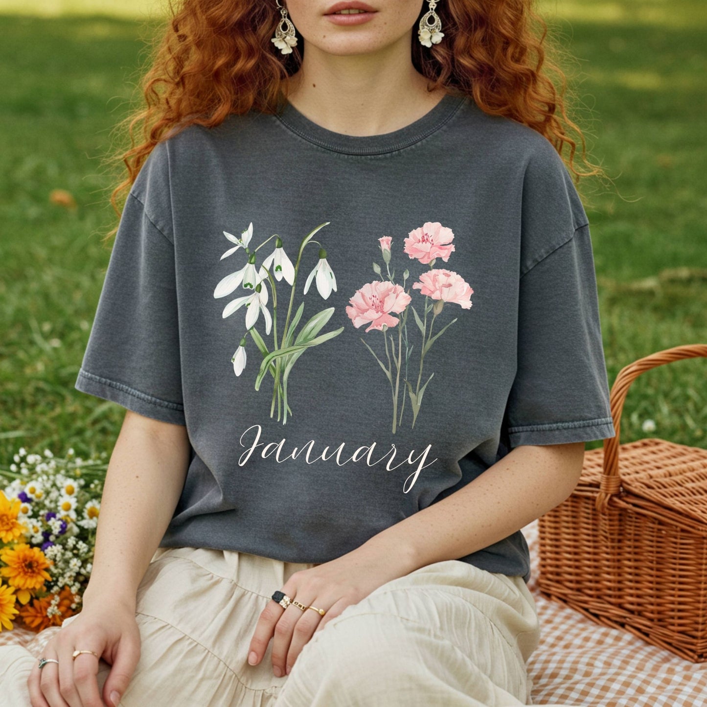 January Birth Month Flower T-Shirt — Snowdrop & Carnation