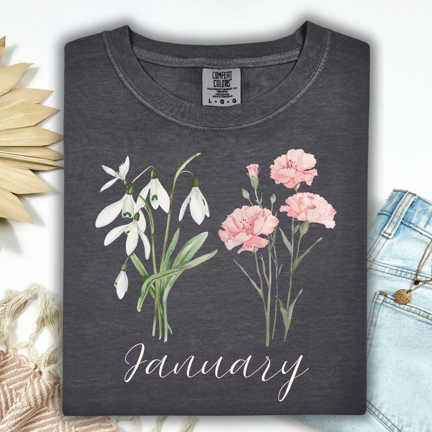 January Birth Month Flower T-Shirt — Snowdrop & Carnation