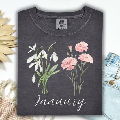 January Birth Month Flower T-Shirt — Snowdrop & Carnation
