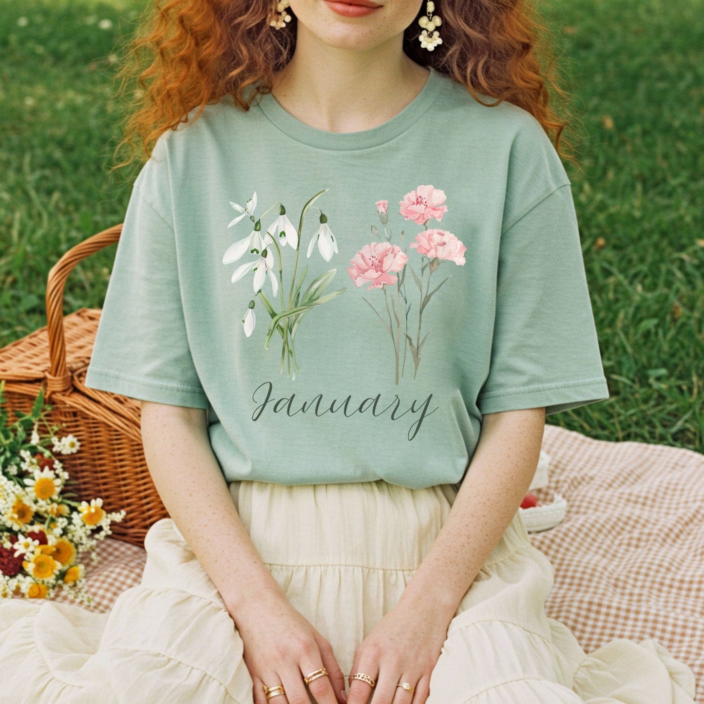 January Birth Month Flower T-Shirt — Snowdrop & Carnation