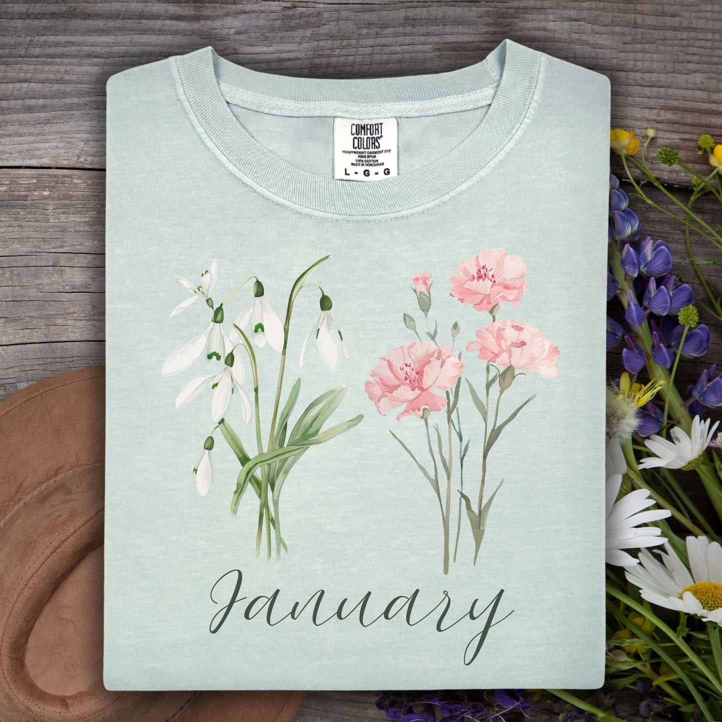 January Birth Month Flower T-Shirt — Snowdrop & Carnation