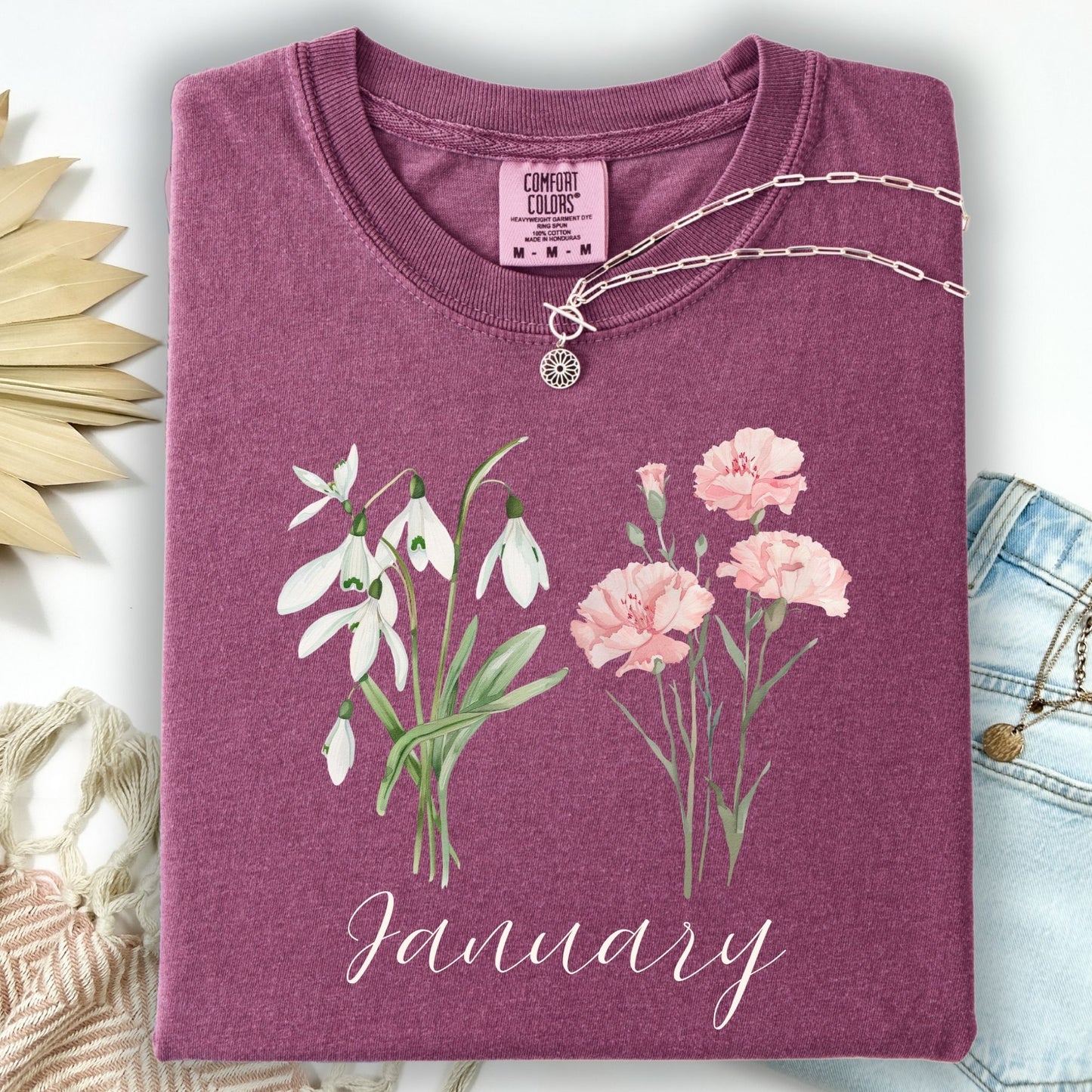 January Birth Month Flower T-Shirt — Snowdrop & Carnation