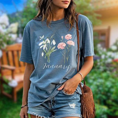 January Birth Month Flower T-Shirt — Snowdrop & Carnation