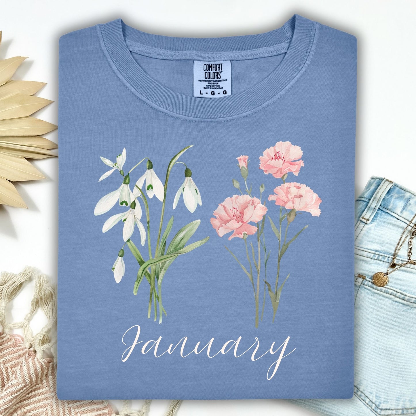 January Birth Month Flower T-Shirt — Snowdrop & Carnation