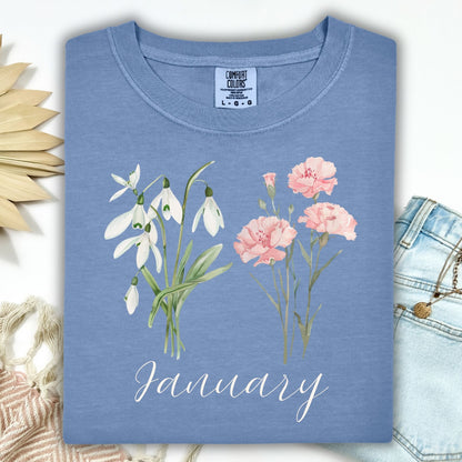 January Birth Month Flower T-Shirt — Snowdrop & Carnation