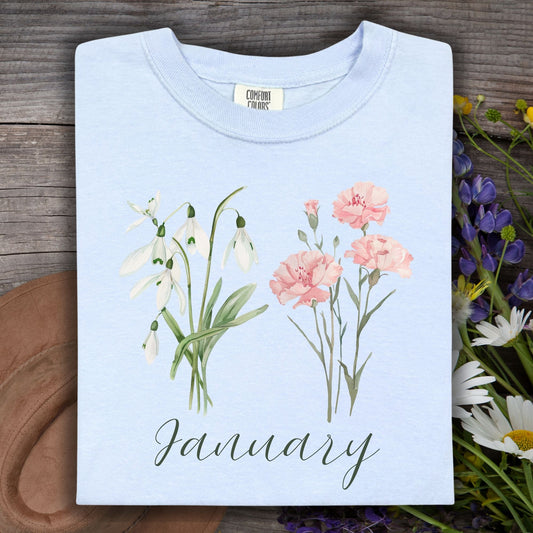 January Birth Month Flower T-Shirt — Snowdrop & Carnation