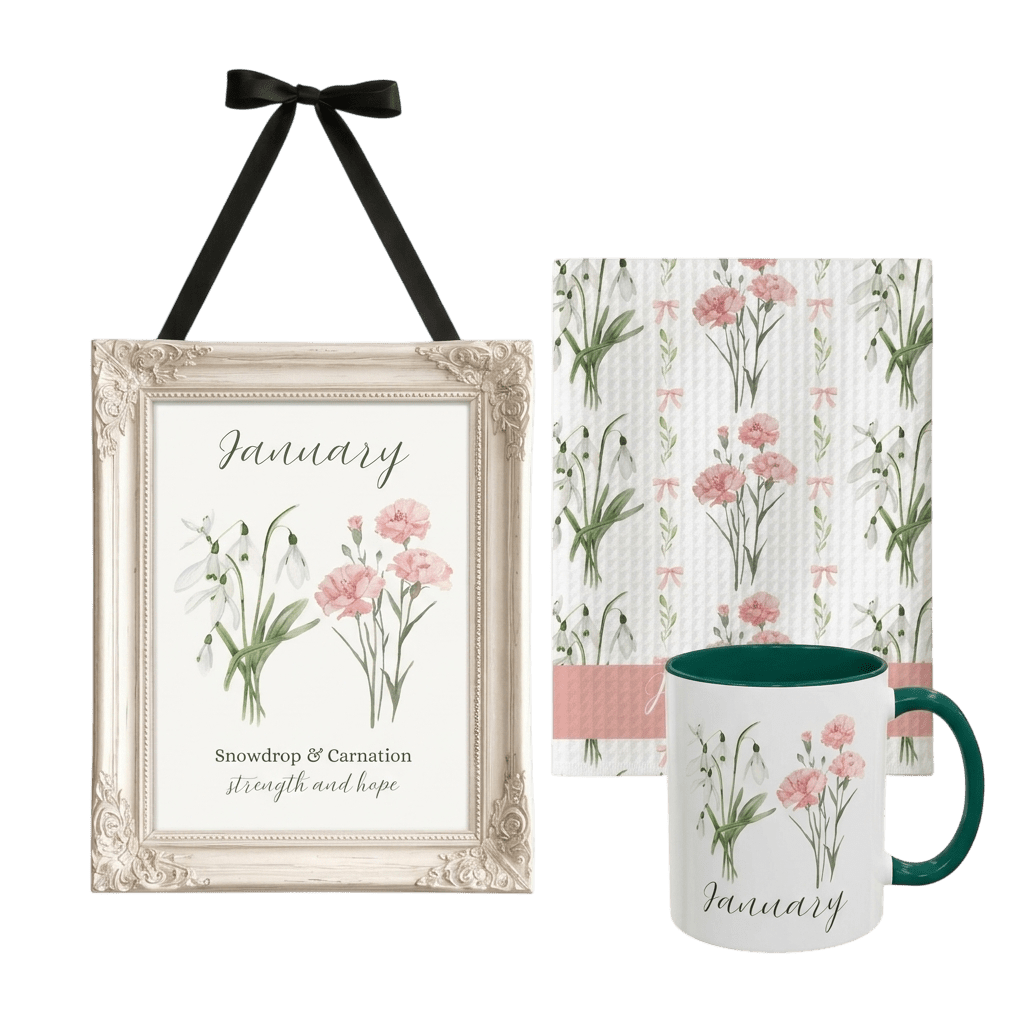January Birth Month Flower Tea Towel with pink carnations and white snowdrops.