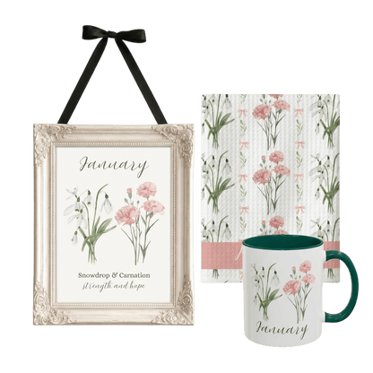 January Birth Month Flower Tea Towel with pink carnations and white snowdrops.