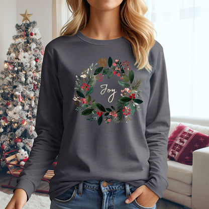 Joy Christmas Wreath Long Sleeve Tee