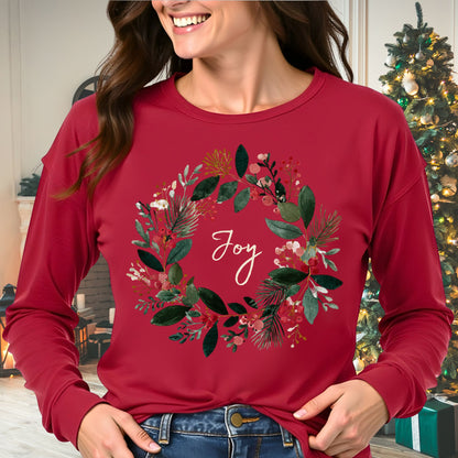 Joy Christmas Wreath Long Sleeve Tee