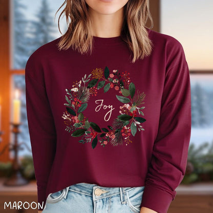 Joy Christmas Wreath Long Sleeve Tee
