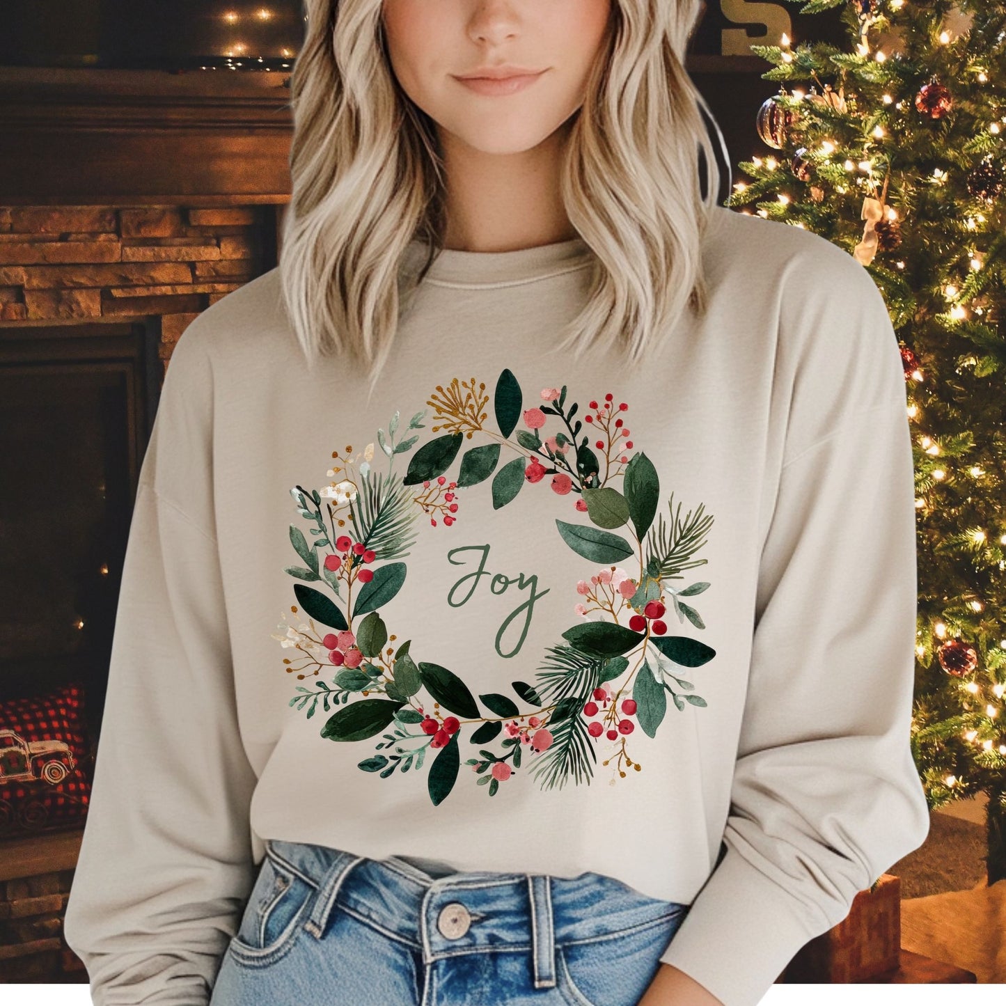 Joy Christmas Wreath Long Sleeve Tee