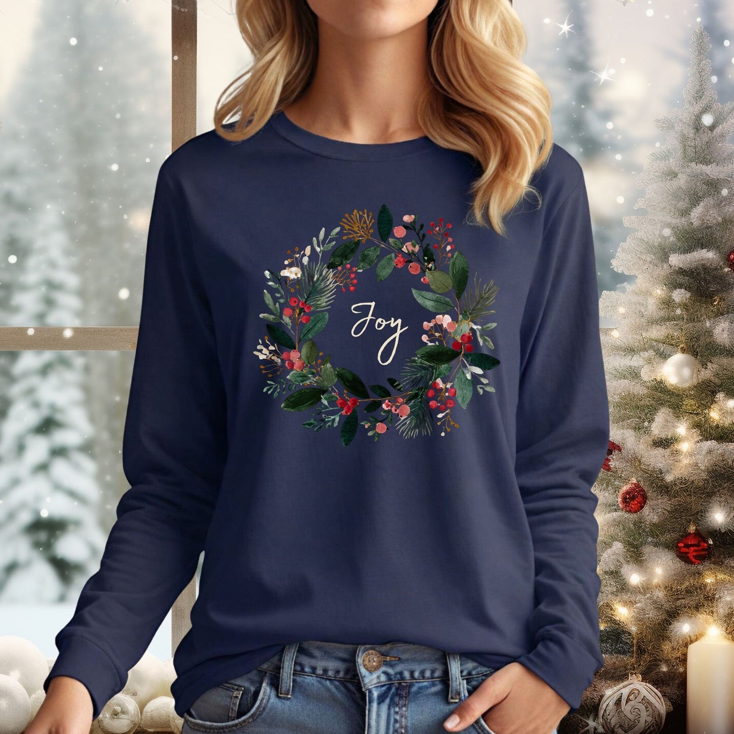Joy Christmas Wreath Long Sleeve Tee