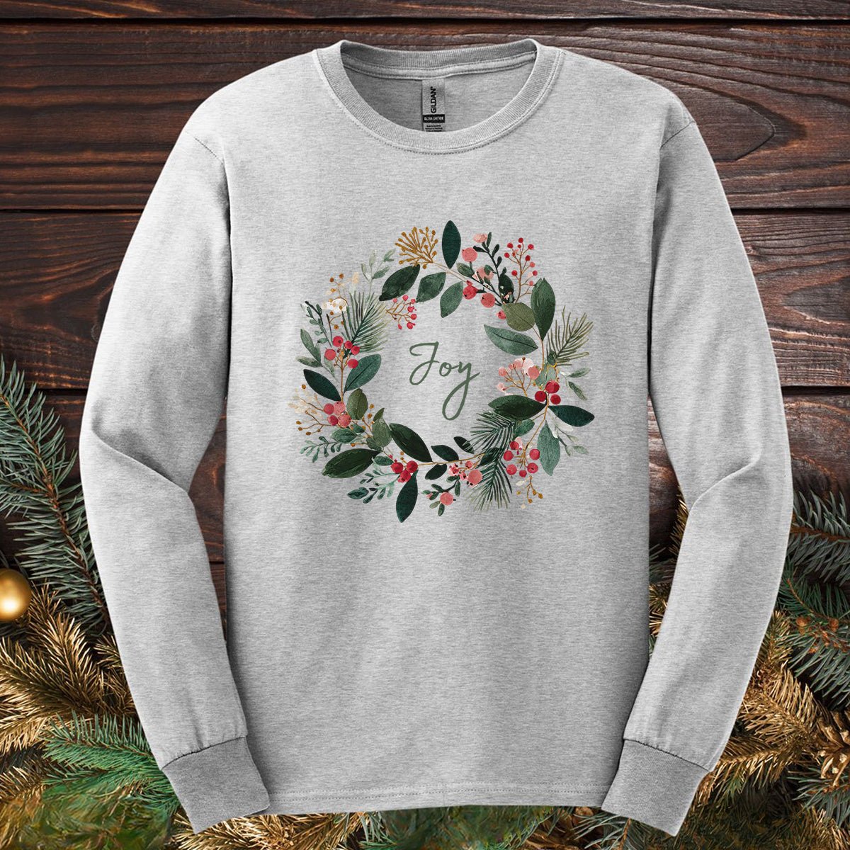 Joy Christmas Wreath Long Sleeve Tee