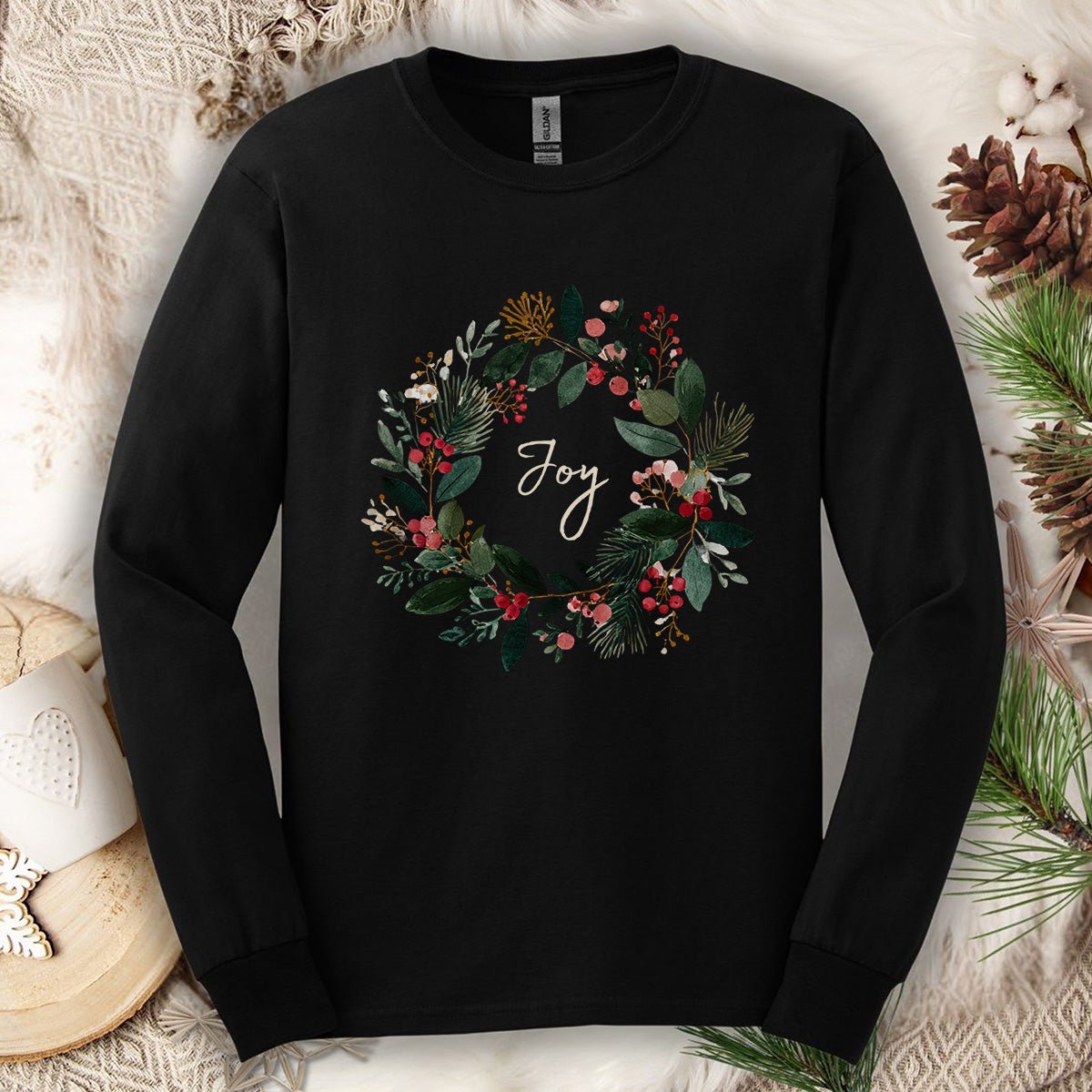 Joy Christmas Wreath Long Sleeve Tee