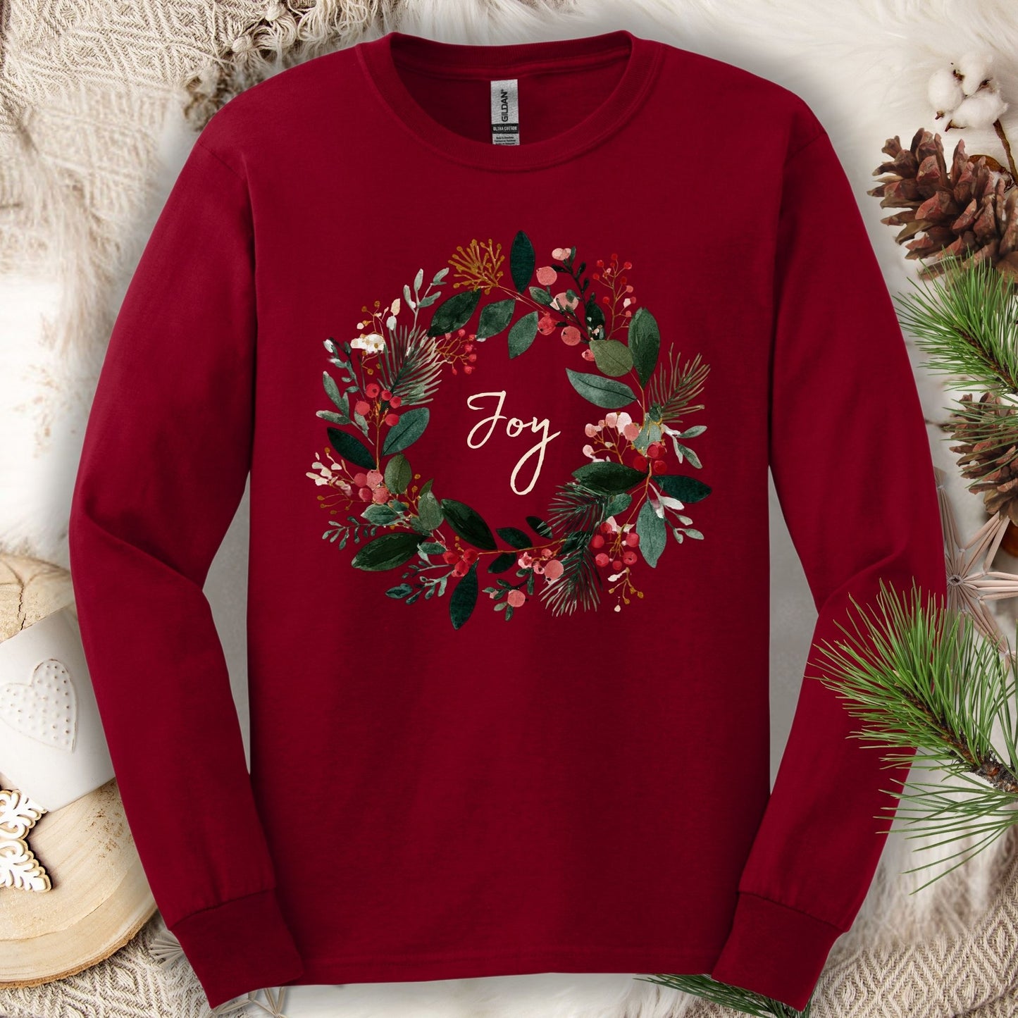 Cardinal Red Gildan long sleeve tee with a watercolor "Joy" Christmas wreath.