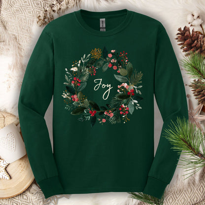 Forest Green Gildan long sleeve tee with a watercolor "Joy" Christmas wreath design.