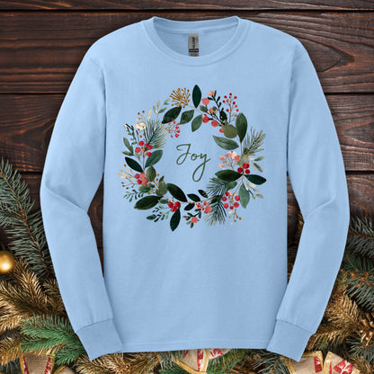 Light blue Gildan long sleeve tee, size S, with a watercolor "Joy" Christmas wreath design.