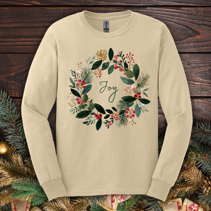 Sand Gildan long sleeve tee with a watercolor "Joy" Christmas wreath design.