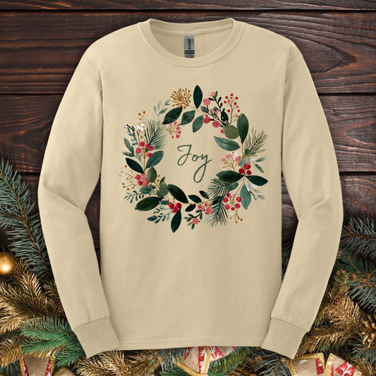 Sand Gildan long sleeve tee with a watercolor "Joy" Christmas wreath design.