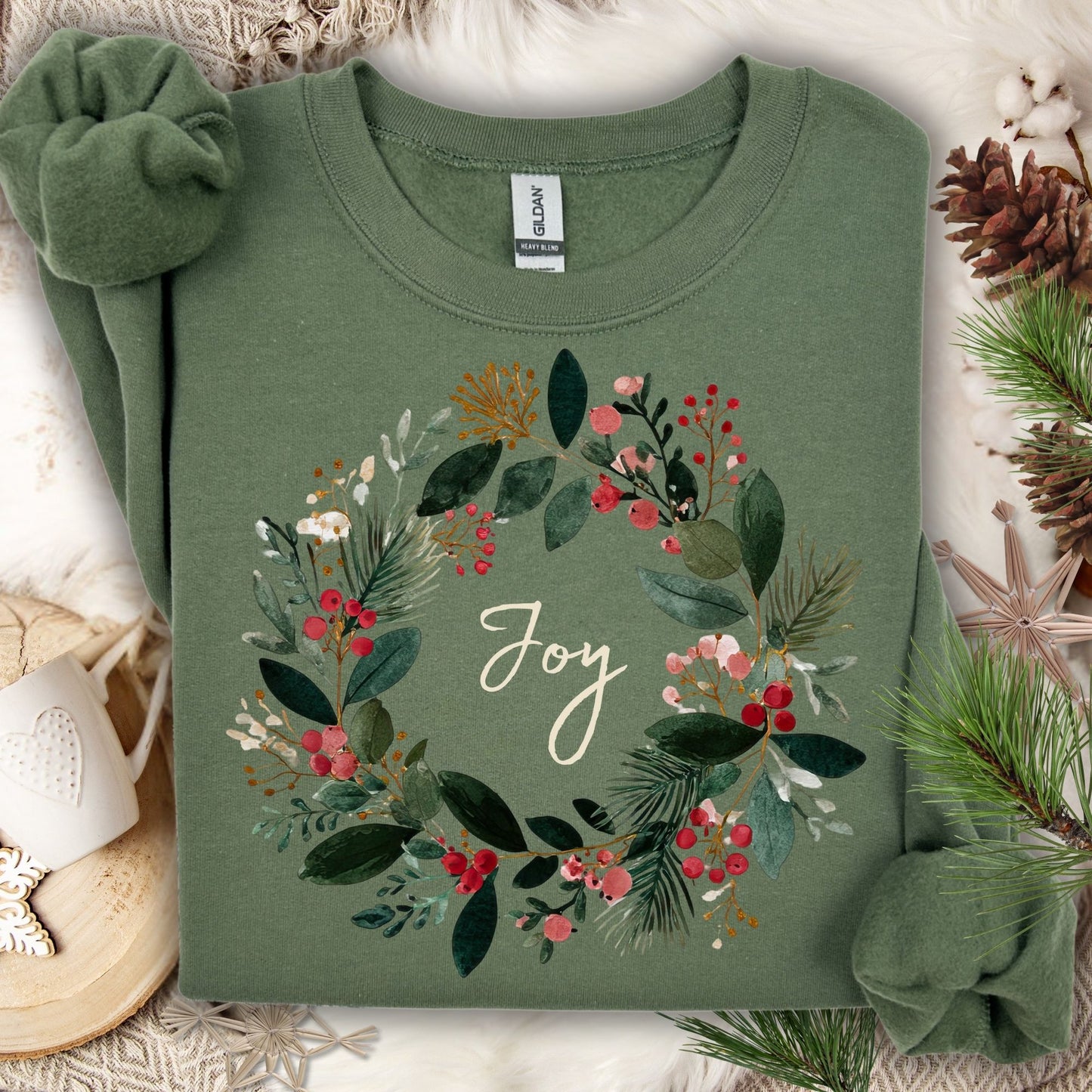 Military Green Gildan crewneck sweatshirt with a watercolor Christmas wreath and "Joy" script.