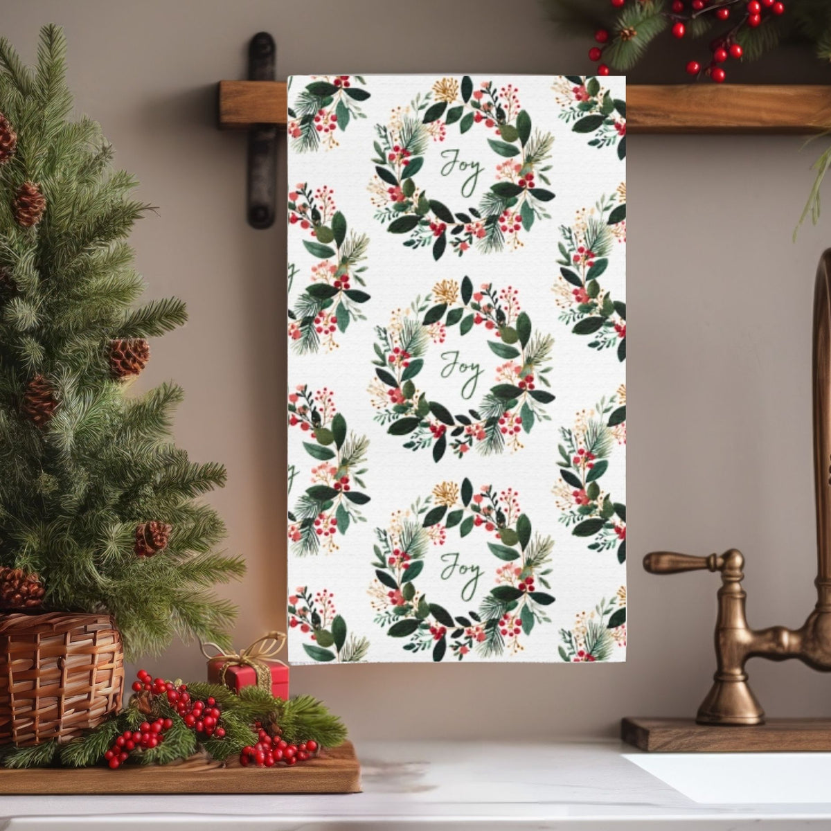 Joy Christmas Wreath Tea Towel